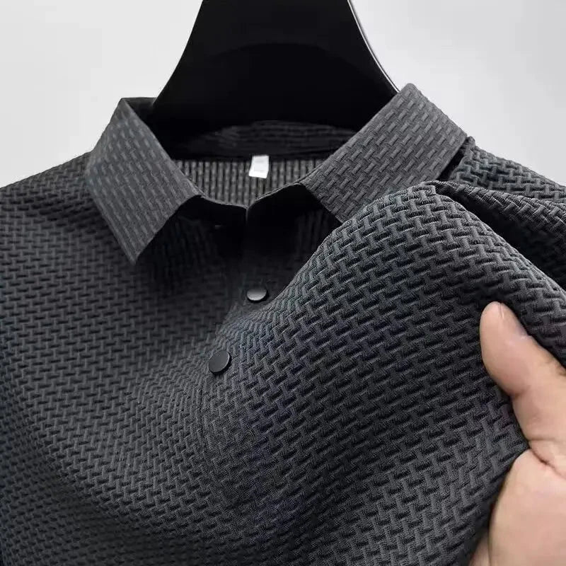 Summer New Men's Lop-up Hollow Short-sleeved Polo Tee Shirt Ice Silk Breathable Business Fashion T-Shirt Male Brand Clothes Blue Wolf Store 