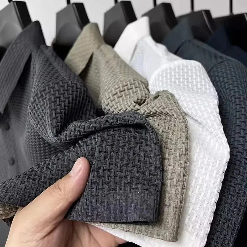 Summer New Men's Lop-up Hollow Short-sleeved Polo Tee Shirt Ice Silk Breathable Business Fashion T-Shirt Male Brand Clothes Blue Wolf Store 