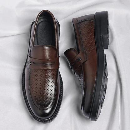 Summer New Perforated Leather Shoes for Adult Men's Business Thick Sole High Quality Casual Shoes Men Classic Brand Loafer Shoes Blue Wolf Store 