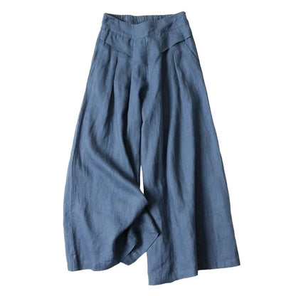Summer Pants for Women Cotton Linen Large Size Wide Leg Pants Femme Arts Style Elastic Waist Solid Casual Loose Pantalon Blue Wolf Store 