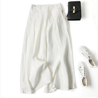 Summer Pants for Women Cotton Linen Large Size Wide Leg Pants Femme Arts Style Elastic Waist Solid Casual Loose Pantalon Blue Wolf Store WHITE S 