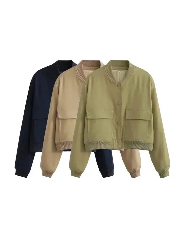TRAF Women Fashion With Pockets Bomber Jacket Coats Vintage Long Sleeve Front Button Casual Female Outerwear Chic Tops Blue Wolf Store 
