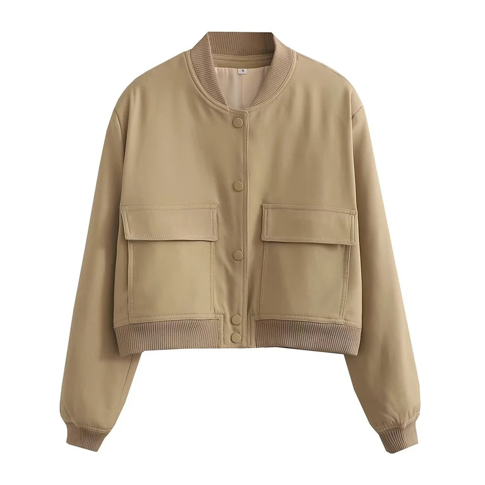TRAF Women Fashion With Pockets Bomber Jacket Coats Vintage Long Sleeve Front Button Casual Female Outerwear Chic Tops Blue Wolf Store as picture 1 L 