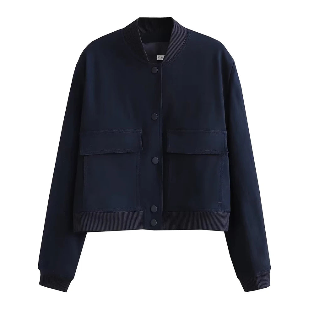 TRAF Women Fashion With Pockets Bomber Jacket Coats Vintage Long Sleeve Front Button Casual Female Outerwear Chic Tops Blue Wolf Store as picture 2 M 