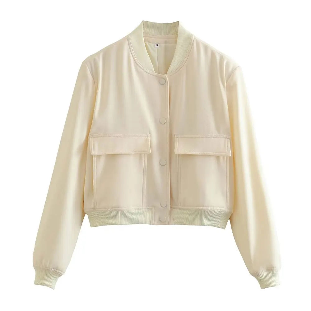 TRAF Women Fashion With Pockets Bomber Jacket Coats Vintage Long Sleeve Front Button Casual Female Outerwear Chic Tops Blue Wolf Store as picture 3 L 