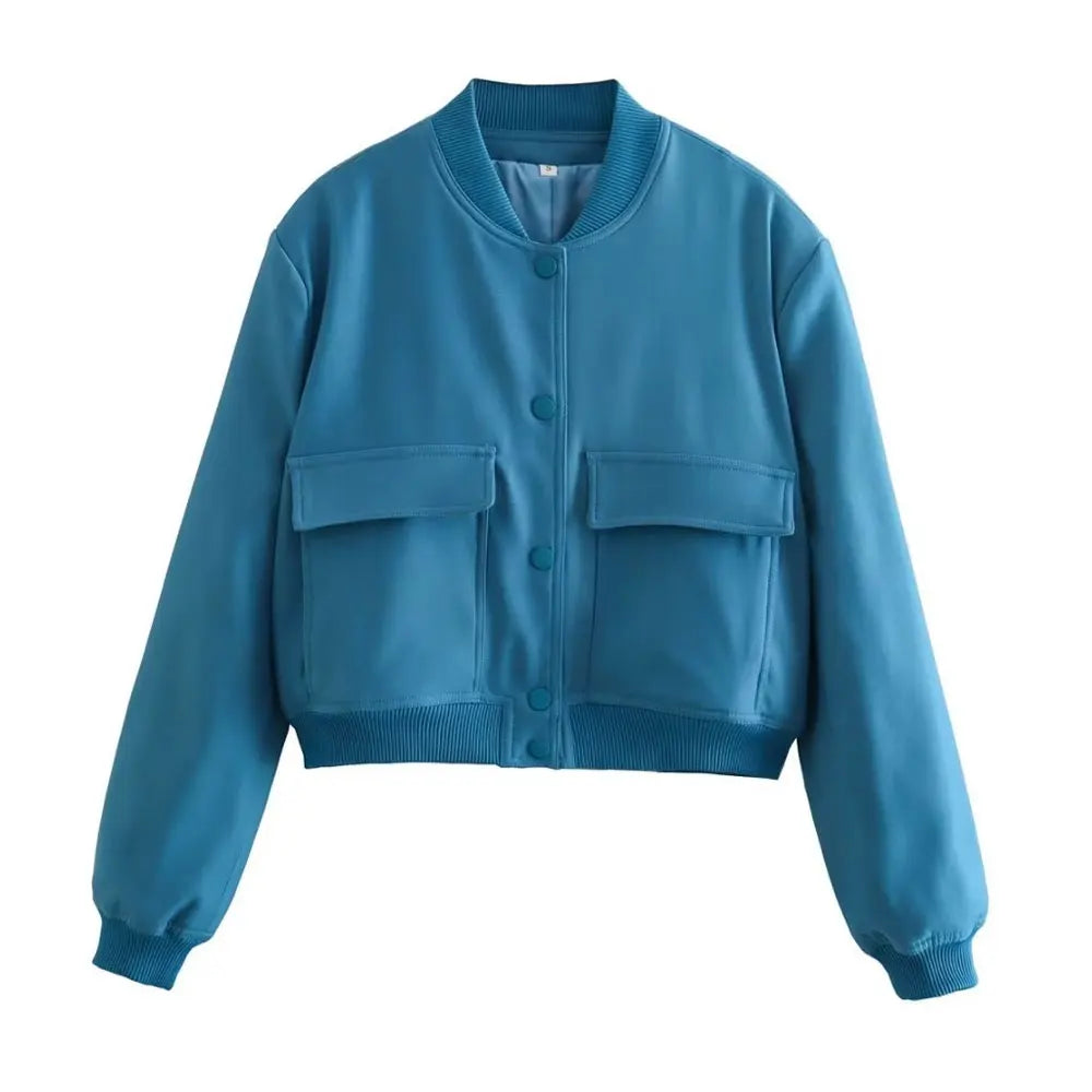 TRAF Women Fashion With Pockets Bomber Jacket Coats Vintage Long Sleeve Front Button Casual Female Outerwear Chic Tops Blue Wolf Store as picture 4 L 