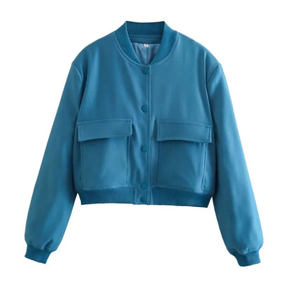 TRAF Women Fashion With Pockets Bomber Jacket Coats Vintage Long Sleeve Front Button Casual Female Outerwear Chic Tops Blue Wolf Store as picture 4 L 