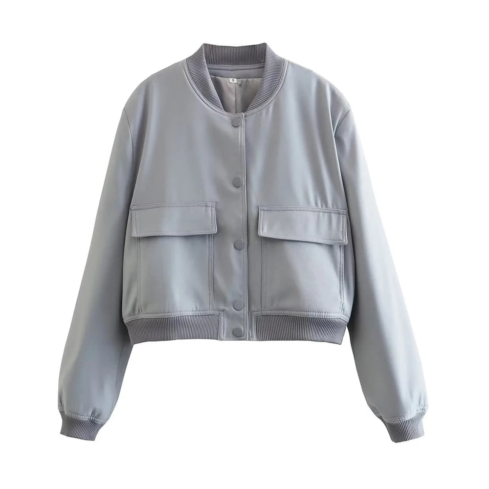 TRAF Women Fashion With Pockets Bomber Jacket Coats Vintage Long Sleeve Front Button Casual Female Outerwear Chic Tops Blue Wolf Store as picture 5 S 