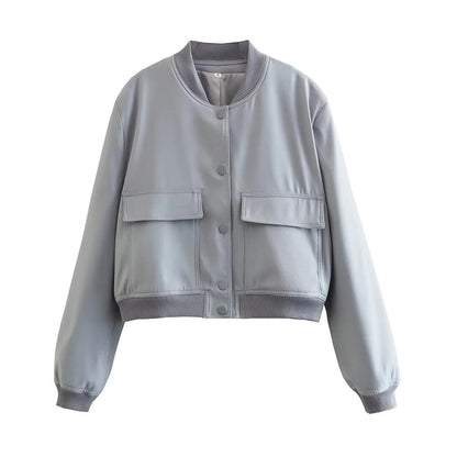 TRAF Women Fashion With Pockets Bomber Jacket Coats Vintage Long Sleeve Front Button Casual Female Outerwear Chic Tops Blue Wolf Store as picture 5 S 