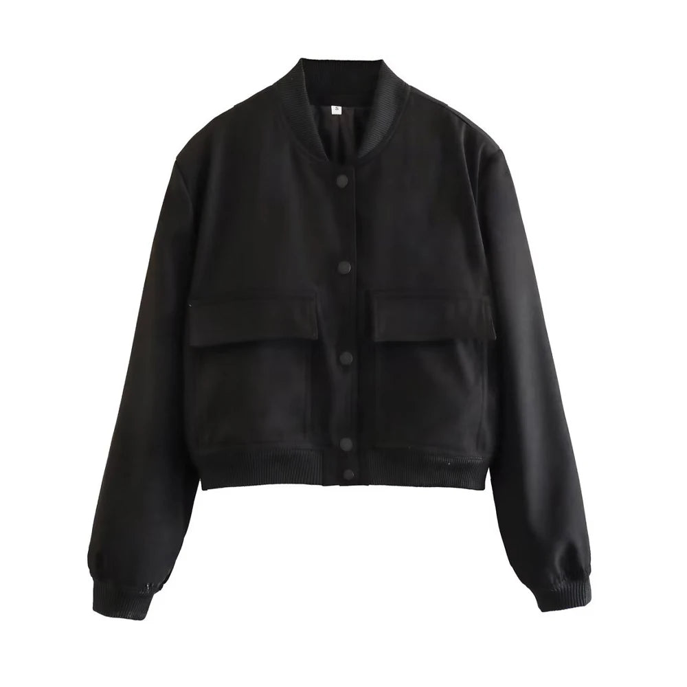 TRAF Women Fashion With Pockets Bomber Jacket Coats Vintage Long Sleeve Front Button Casual Female Outerwear Chic Tops Blue Wolf Store as picture 6 L 
