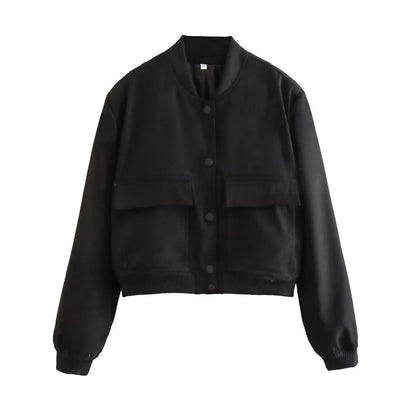 TRAF Women Fashion With Pockets Bomber Jacket Coats Vintage Long Sleeve Front Button Casual Female Outerwear Chic Tops Blue Wolf Store as picture 6 L 