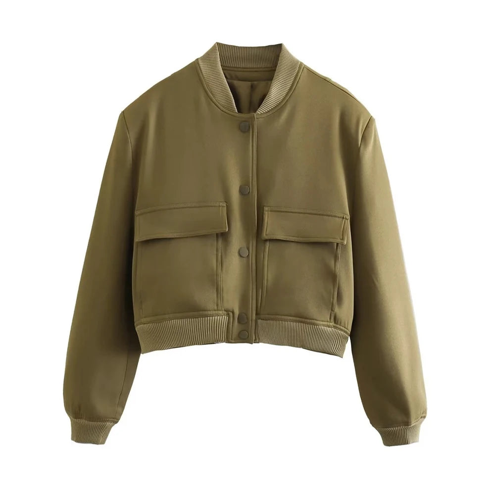 TRAF Women Fashion With Pockets Bomber Jacket Coats Vintage Long Sleeve Front Button Casual Female Outerwear Chic Tops Blue Wolf Store as picture 7 M 