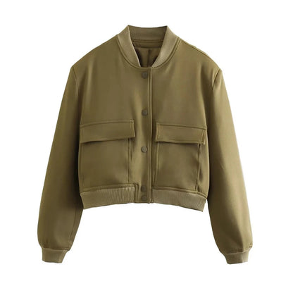 TRAF Women Fashion With Pockets Bomber Jacket Coats Vintage Long Sleeve Front Button Casual Female Outerwear Chic Tops Blue Wolf Store as picture 7 M 