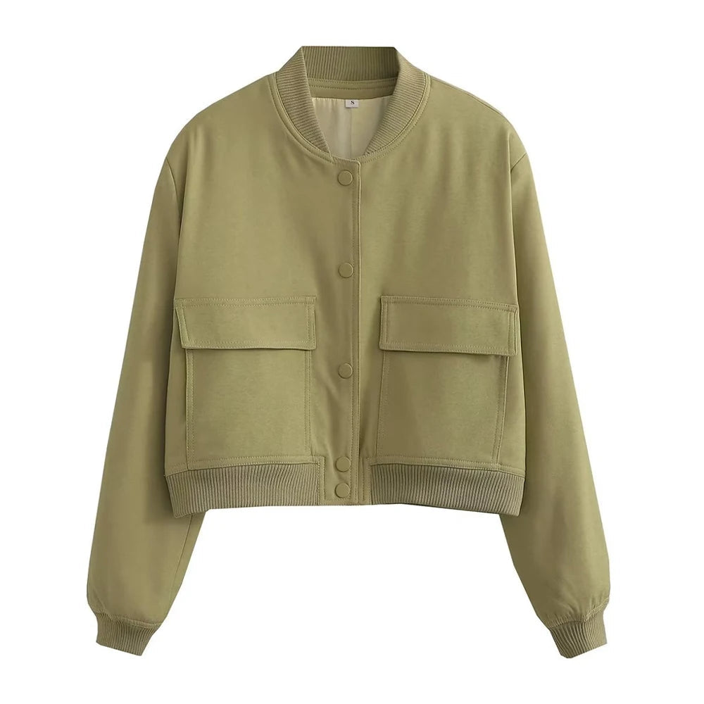 TRAF Women Fashion With Pockets Bomber Jacket Coats Vintage Long Sleeve Front Button Casual Female Outerwear Chic Tops Blue Wolf Store as picture 8 L 