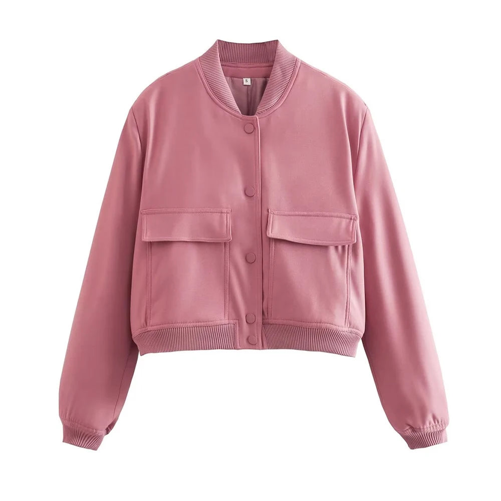 TRAF Women Fashion With Pockets Bomber Jacket Coats Vintage Long Sleeve Front Button Casual Female Outerwear Chic Tops Blue Wolf Store as picture S 