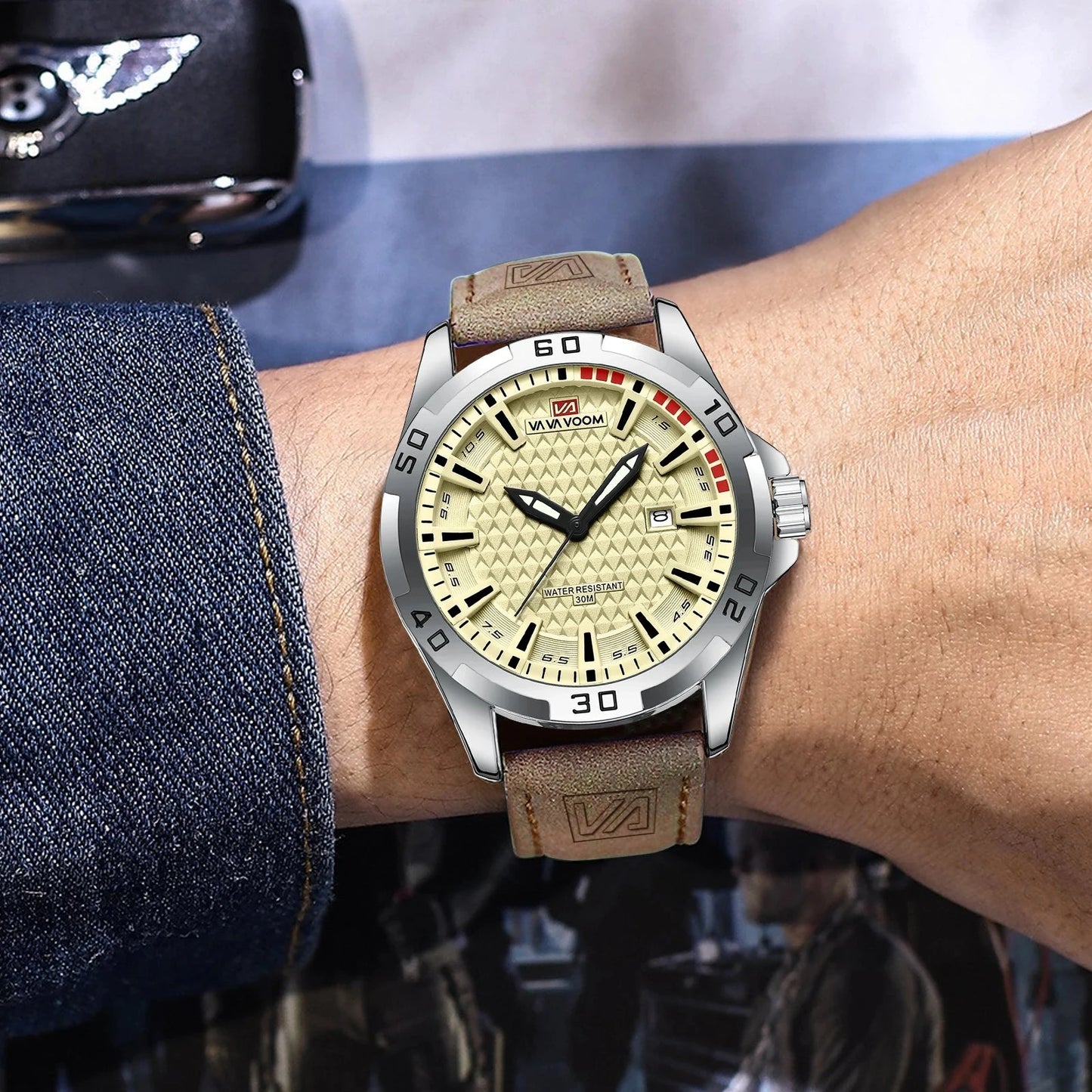 VA VA VOOM Men Casual Sport Military Quartz Calendar Wrist Watch for Man Business Leather Waterproof Male Clock Relogio Masculin Blue Wolf Store 