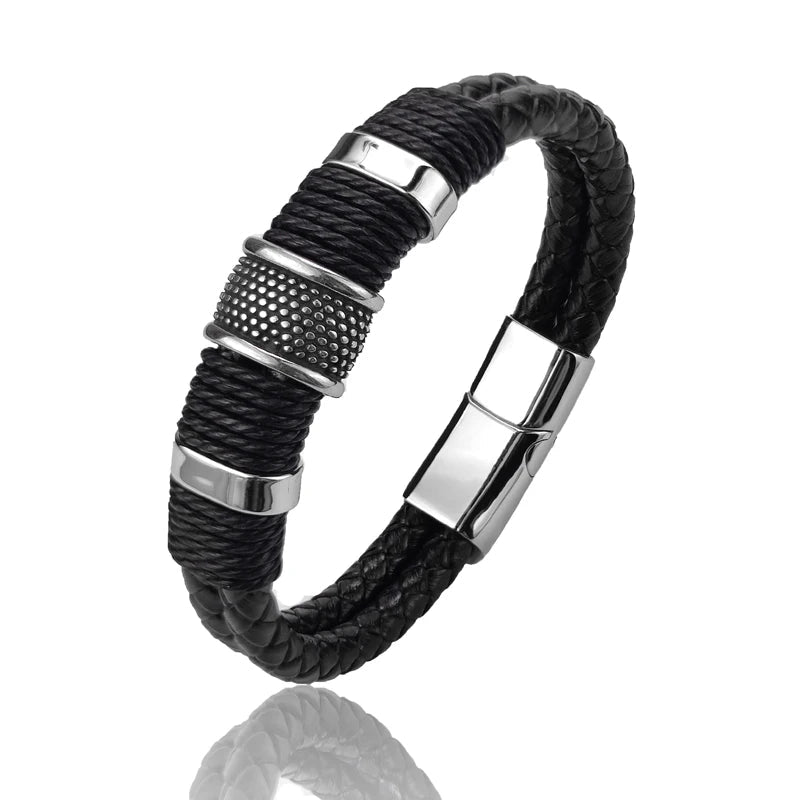 Viellezer Vintage Leather Men's Bracelet Blue Wolf Store S-Black 22cm 