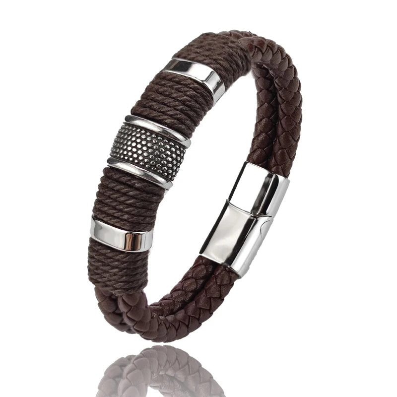 Viellezer Vintage Leather Men's Bracelet Blue Wolf Store S-Brown 22cm 