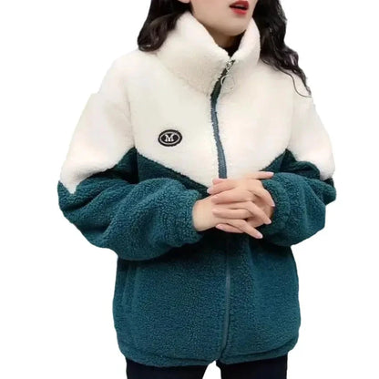 Women Jacket Colored Thickened Lamb Fleece Long Sleeve Mid Length Overcoat Warm Topcoat Quilted Top Autumn Winter Overgarmen Blue Wolf Store 