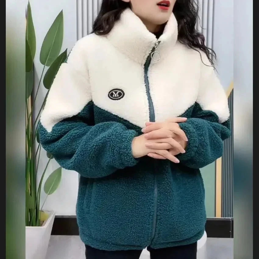 Women Jacket Colored Thickened Lamb Fleece Long Sleeve Mid Length Overcoat Warm Topcoat Quilted Top Autumn Winter Overgarmen Blue Wolf Store green L 