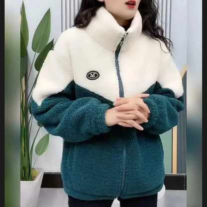 Women Jacket Colored Thickened Lamb Fleece Long Sleeve Mid Length Overcoat Warm Topcoat Quilted Top Autumn Winter Overgarmen Blue Wolf Store green L 
