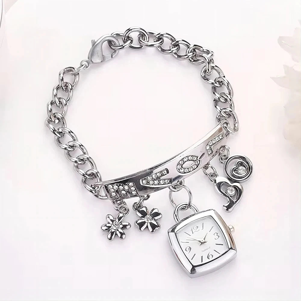 Women Watches with Letters Rhinestone Inlaid Chain Bracelet Flower Pendant Wrist Watch Ladies Dress Watches Gift Zegarek Damski Blue Wolf Store 