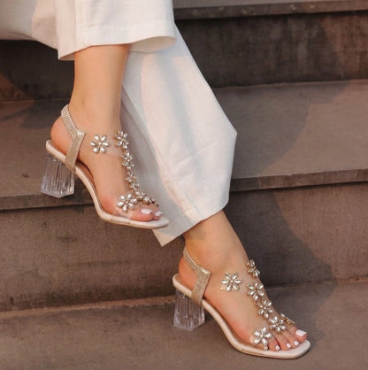 Women's Flower Rhinestone Block Heel Sandals Women's Flower Rhinestone Block Heel Sandals Blue Wolf Store 