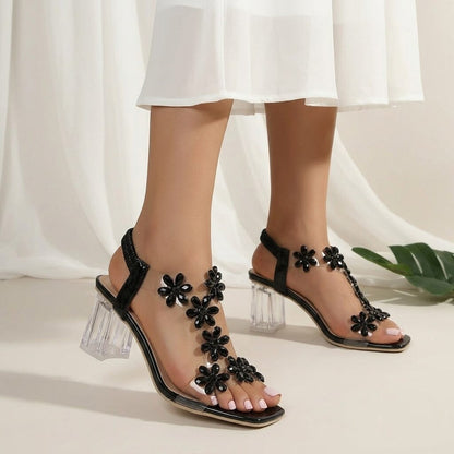 Women's Flower Rhinestone Block Heel Sandals Women's Flower Rhinestone Block Heel Sandals Blue Wolf Store 