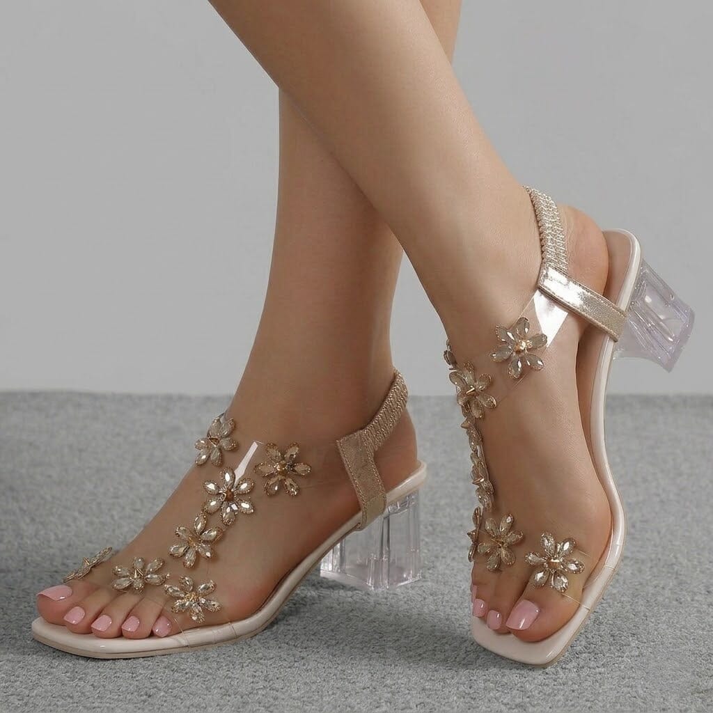 Women's Flower Rhinestone Block Heel Sandals Women's Flower Rhinestone Block Heel Sandals Blue Wolf Store 