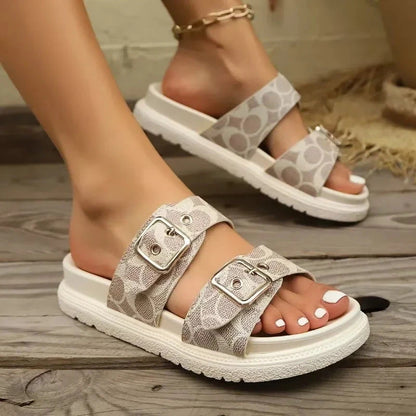 Women's Sandals 2025 Summer Shoes New Couple Flat Slippers Adjustable Buckle Platform Sandals Casual Fashion Slippers Women Blue Wolf Store Beige 41 