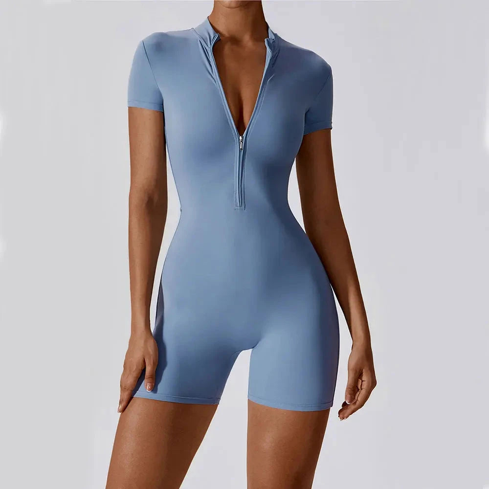 Yoga Jumpsuit Summer Short Sleeve Zipper Sports Wear Gym Fitness Sports Bodysuits Women Dance Running Workout Clothes Yoga Suit Blue Wolf Store 