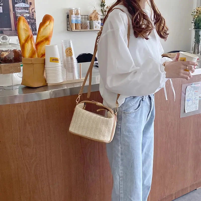 Yogodlns Summer Small Straw Handbag Trendy Shoulder Bag Woven Bucket Crossbody Bag Casual Seaside Beach Bag Gilrs Handle Tote Blue Wolf Store 