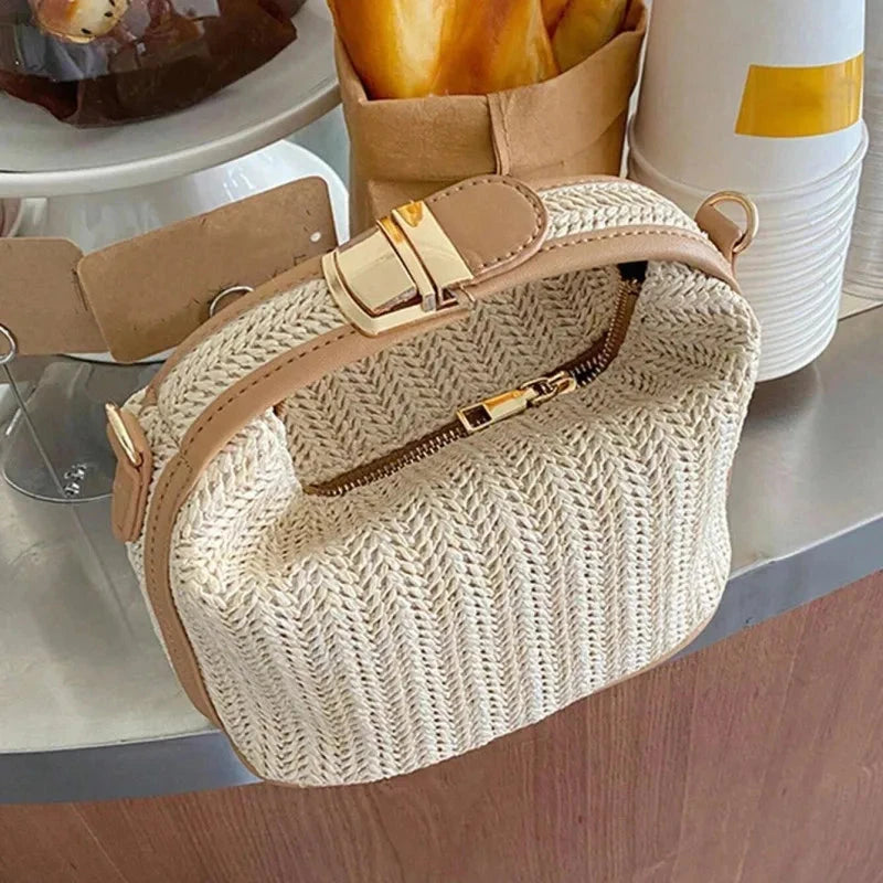 Yogodlns Summer Small Straw Handbag Trendy Shoulder Bag Woven Bucket Crossbody Bag Casual Seaside Beach Bag Gilrs Handle Tote Blue Wolf Store 