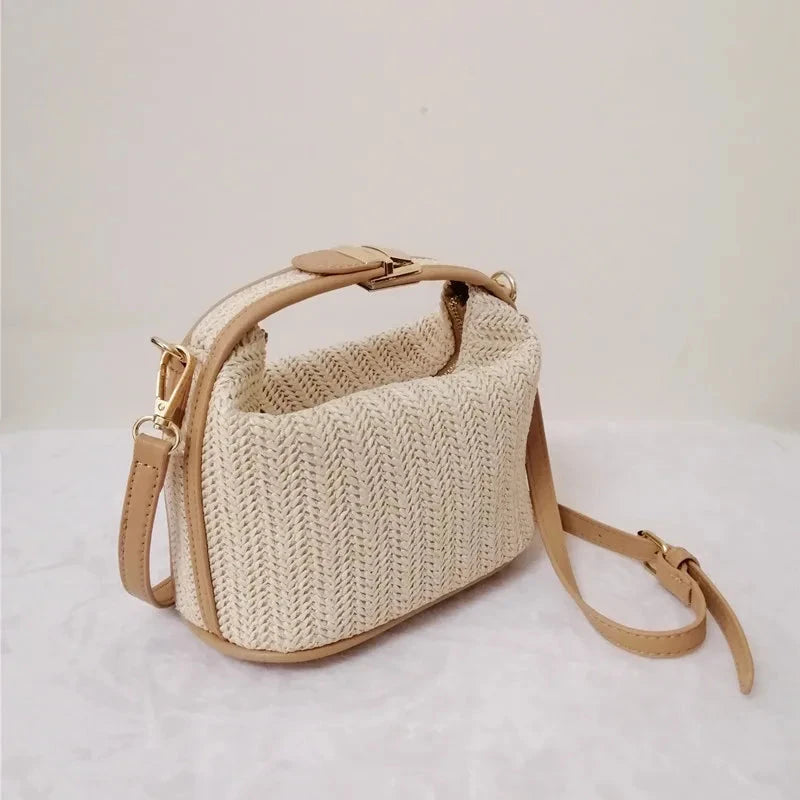 Yogodlns Summer Small Straw Handbag Trendy Shoulder Bag Woven Bucket Crossbody Bag Casual Seaside Beach Bag Gilrs Handle Tote Blue Wolf Store 