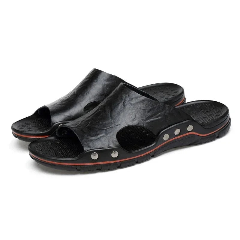 YRZL Mens Sandals PU Leather Classic Summer Men Slippers Soft Black Slippers Big Size Slippers Lightweight EVA Slides for Men Blue Wolf Store Black 42 